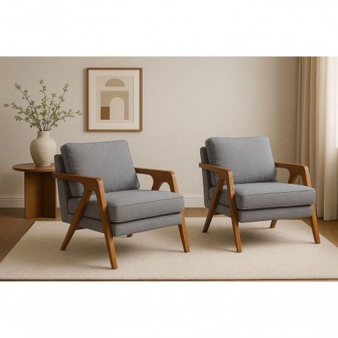 Kit 2 Poltronas Mona Luxo Madeira Maciça Linho Cinza para Sala de Estar Decorativa Moderna