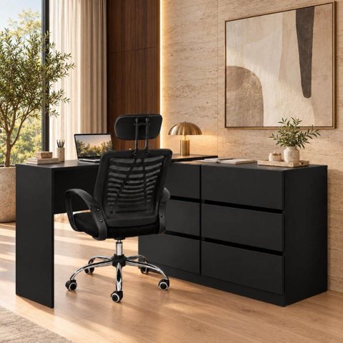 Conjunto Escritório com Mesa em L 6 Gavetas e Cadeira Giratória Multimóveis MCR6116 Preto