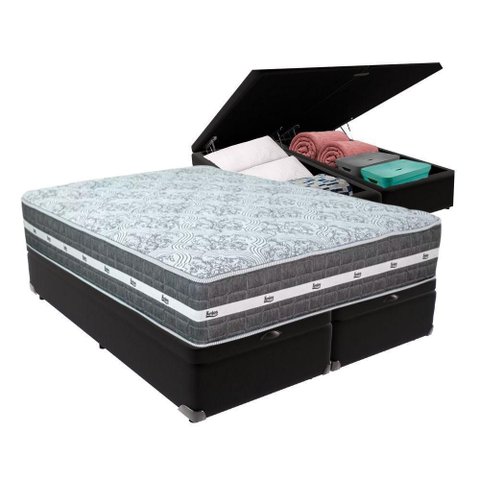 Cama Box com Baú Bege e Colchão Queen Black Grafit Anjos Preto