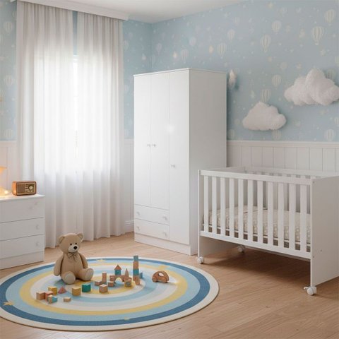 Quarto Bebe Infantil Doce Sonho Berço Reto Rodizio e Guarda Roupas Multiuso Qmovi