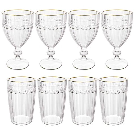 Jogo de Taças e Copos de Cristal Imperial Fio de Ouro 8 Peças - Lyor