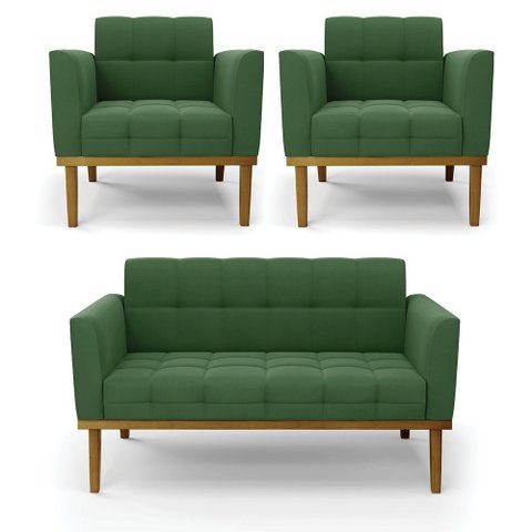 Conjunto 2 Poltronas e 1 Namoradeira Decorativa Karen Pés Fixo em Madeira Castanho Suede Verde G19 -