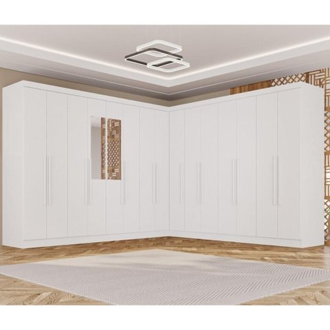 Guarda-Roupa Casal Modulado Canto com Espelho 15 Portas 6 Gavetas Multimóveis Branco