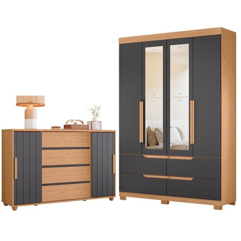 Guarda Roupa Solteiro Doble 04 Portas com Espelho e Cômoda Evidenza Freijo Titanium Flex - Móveis