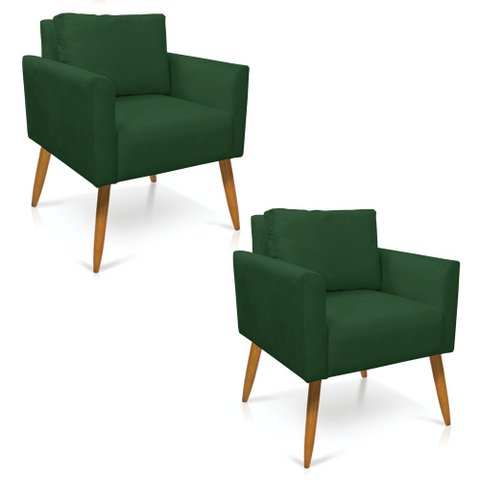 Kit 2 Poltronas Aline Veludo Verde Pés Palito Castanho - D’Rossi