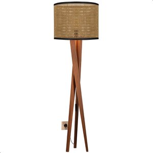 Luminária de Chão Paris com Pés de Madeira e Tela Teca Marrom 158cm