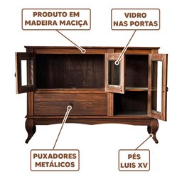 Balcão para Cozinha 3 Portas em Vidro 1 Gaveta Madeira Maciça Imbuia Repleta - 2