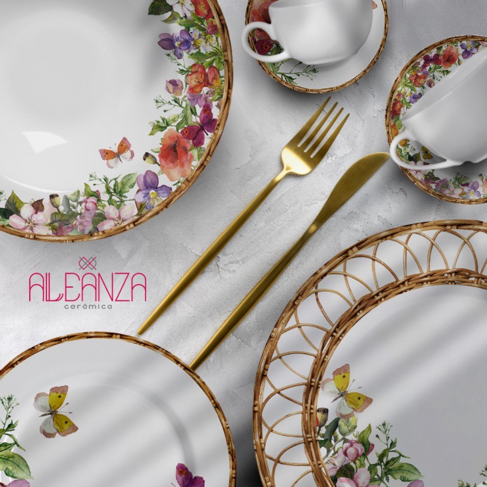 Conjunto Prato Fundo 6 pçs Flores Rattan - Alleanza - 2