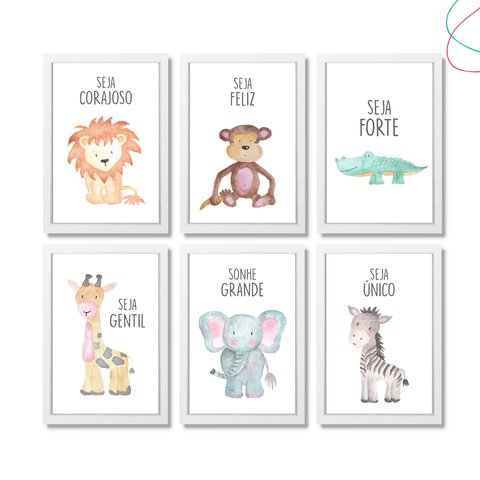 Quadros Decorativos Infantil Safari Baby Moldura e Vidro:branca