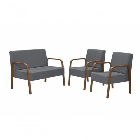 Conjluna 2 Poltronas de 1 Lugar e 1 Poltrona de 2 Lugares Braço Madeira Dsalla Suede