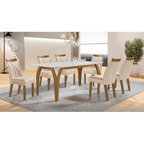 Mesa de Jantar 6 Lugares Agata com Vidro Cadeiras Veneza New Creme