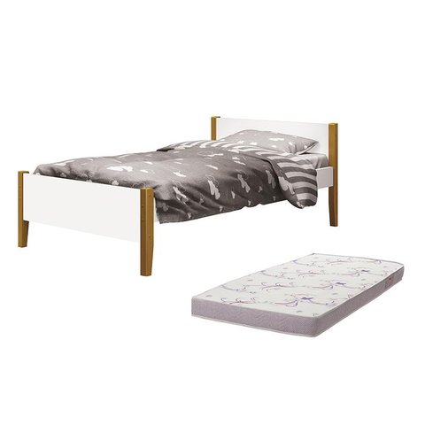 Cama Solteiro Simba Branco Fosco Pés Amadeirado com Colchão D20 - Reller Móveis
