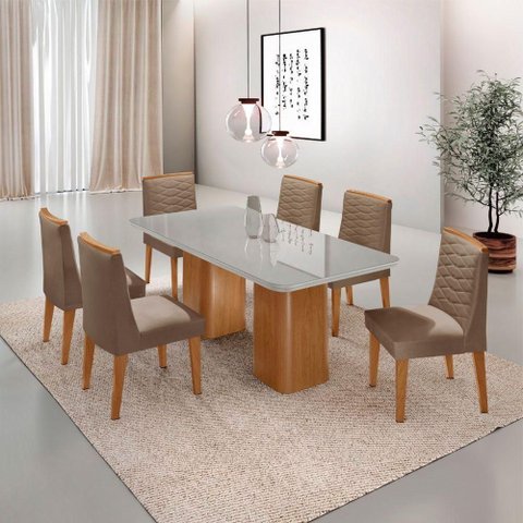 Mesa de Jantar Eloise Tampo Mdf Vidro com 6 Cadeiras Moderna Veludo Capuccino Off White Naturale
