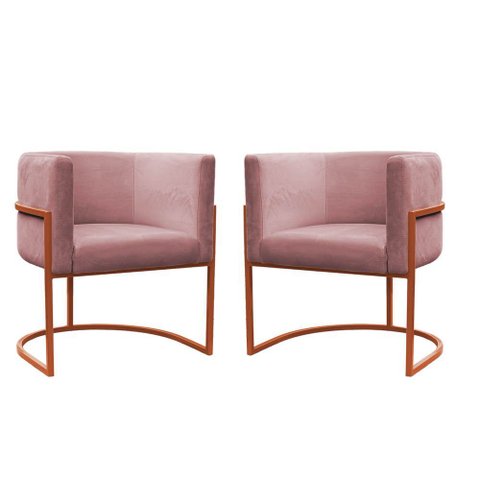 Kit 2 Poltronas Reforçada Decorativa Sala Carla Base Ferro Bronze Suede Rose
