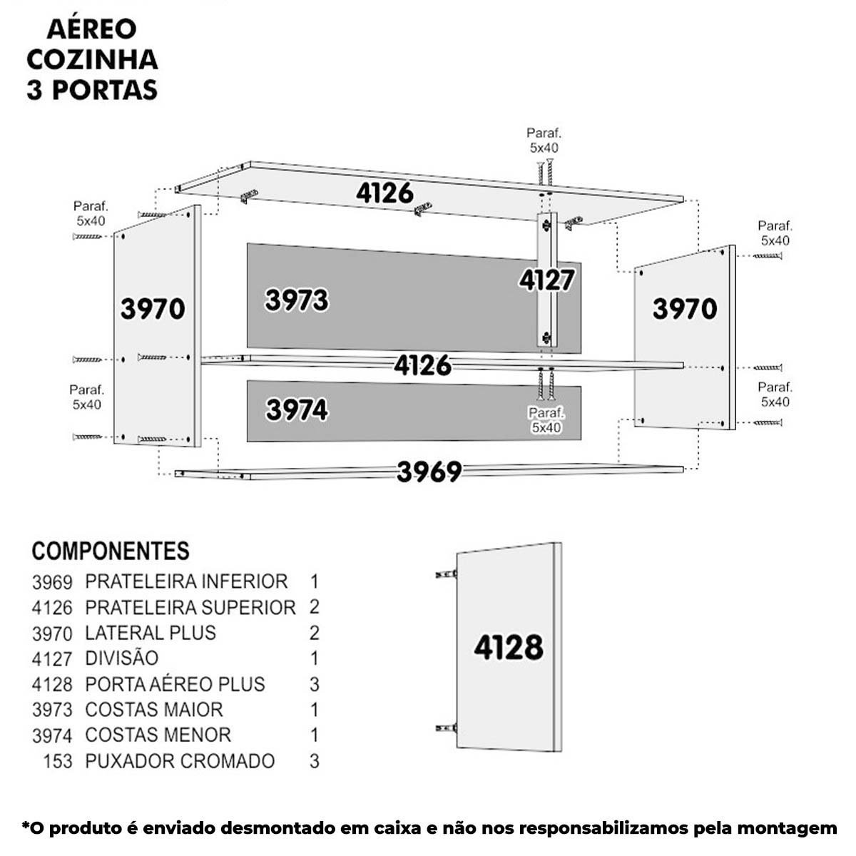Armário Sapateira Aéreo Suspenso Multiuso de Parede 3 Portas - Grafite Freijó - 4
