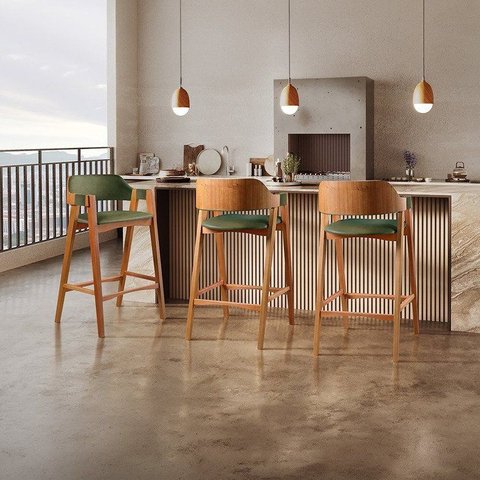 Kit 6 Banquetas para Cozinha Gaia em Madeira e Couro Ecológico Verde