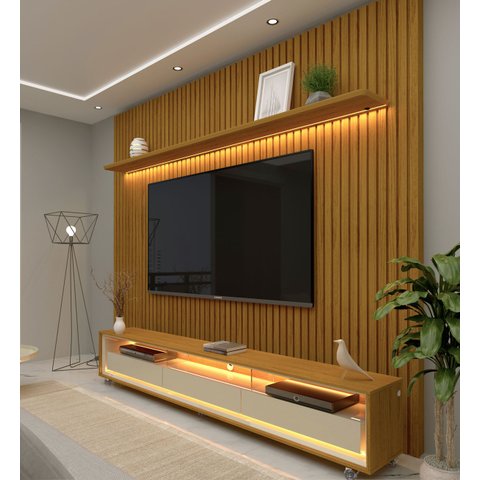 Rack com Painel 2.3 Ripado com LED e Rodízio Nobre Naturale com Off White - Gelius Móveis