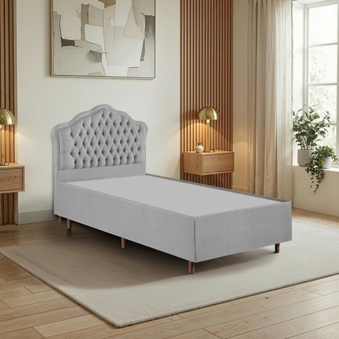 Kit Cama Box Solteiro + Cabeceira Estofada em Madeira Maciça Curva Provençal com Capitonê Cinza/Linho