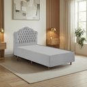 Ver imagem 1 de Kit Cama Box Solteiro + Cabeceira Estofada em Madeira Maciça Curva Provençal com Capitonê Cinza/Linho