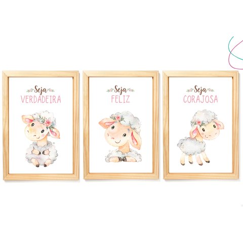 Quadro Decoração Infantil Ovelhinha Aquarela Moldura e Vidro:pinus