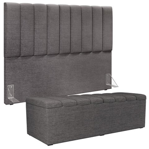 Kit Cabeceira Cama Box Casal King 195cm com Calçadeira Baú Dália W01 Linho Cinza Escuro - Lyam