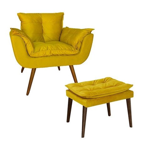 Poltrona E Puff Opala Pés Palito Suede Amarelo - LM DECOR