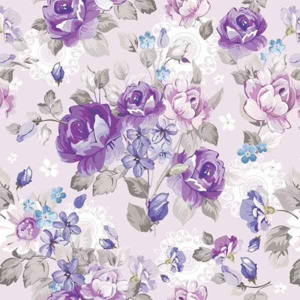 Papel de Parede Adesivo Flores Rosas Tons Roxo Lilás Suave SSJFROS-31 - ROLO - 3,05M X 59cm ( 1,8M²  - 1