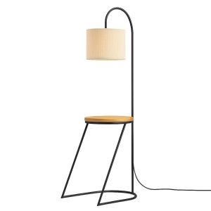 Mesa de Cabeceira com Luminária Acoplada Sofisticada Cúpula de Linho Cor Bege