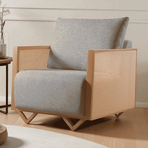 Poltrona para Sala de Estar Madeira Maciça Palha Rattan Arthur