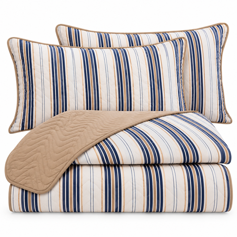 Kit Cobre Leito Floratta King Percal 150 Fios Dupla Face Estampado Colcha 3 Peças Listra Azul