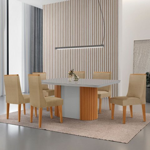 Mesa de Jantar Aspen 180cm Tampo Mdf Vidro com 6 Cadeiras Lisboa Moderna Mobília