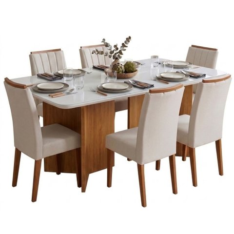 Conjunto Sala de Jantar Mesa 1,60m com Vidro Montreal 6 Cadeiras Sofia