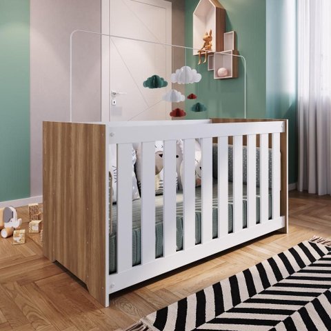 Berço Infantil Americano 3 em 1 com Colchão Vira Cama e Sofá Branco/Oak  - Completa Móveis