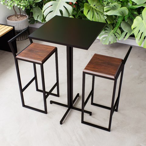 Conjunto Mesa Alta Bar Bistrô Quadrada Preta 2 Banquetas Confort Imbuia Industrial Black Don Castro 