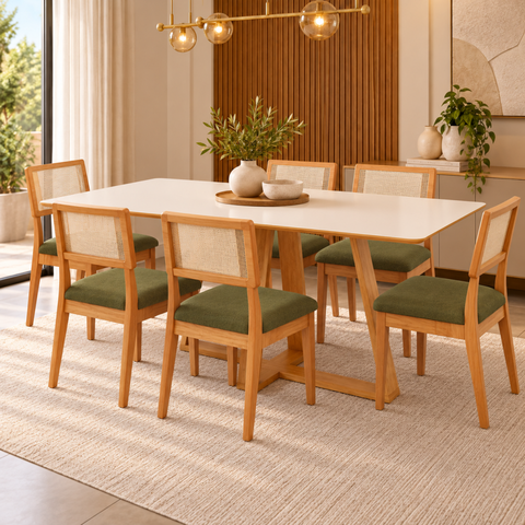 Kit Mesa Sala de Jantar Retangular 180cm 6 Cadeiras Estofadas Tela 100% MDF Freijó/Off-White Verde