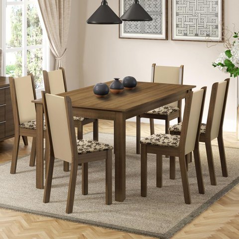 Conjunto Sala de Jantar Madesa Miriam Mesa Tampo de Madeira 6 Cadeiras - Rustic/crema/bege Marrom