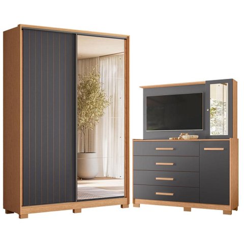 Guarda Roupa Solteiro Frizatto com Espelho e Cômoda Ilhabela Freijo Titanium White - Móveis Albatroz