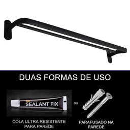 Suporte Preto Fosco Porta Toalha Banho Duplo Toalheiro Parede 60cm - 9