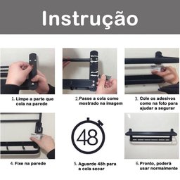 Suporte Preto Fosco Porta Toalha Banho Duplo Toalheiro Parede 60cm - 4