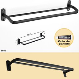 Suporte Preto Fosco Porta Toalha Banho Duplo Toalheiro Parede 60cm - 7