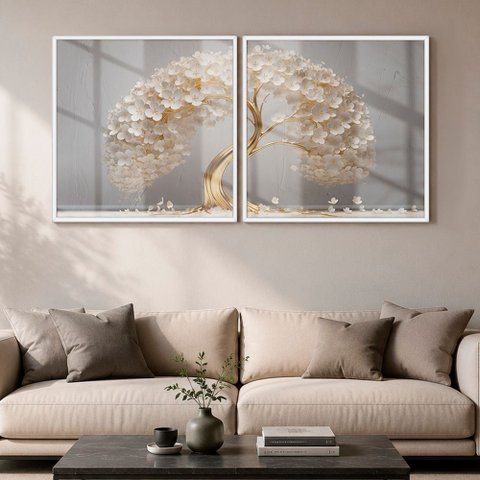Quadro Decorativo Árvore de Ouro Das Flores Brancas Moldura Premium:Moldura Branca/50x50 sem Vidro a