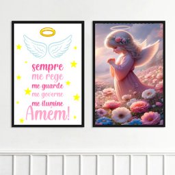 Kit 2 Quadros Infantis Anjinha - Santo Anjo 45x34cm:moldura Preta - 1