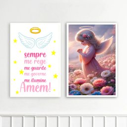 Kit 2 Quadros Infantis Anjinha - Santo Anjo 45x34cm:moldura Preta - 2