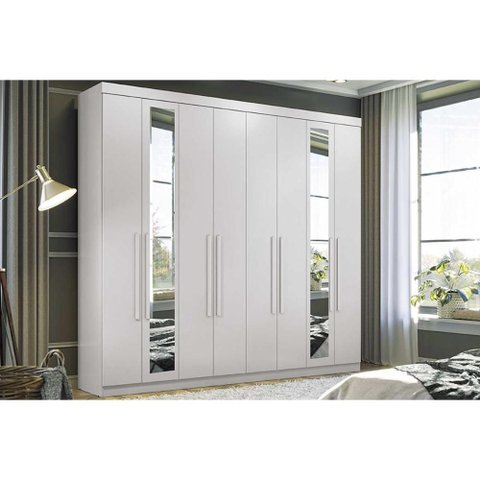 Guarda Roupa 8 Portas (2 C/ Espelho) e 4 Gavetas Master New 8.4 Branco - Santos Andirá