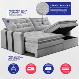 Sofá Baú sem Caixa Retrátil 2,00m Softgel Petit Boucle Cinza Claro Cama Inbox - 3