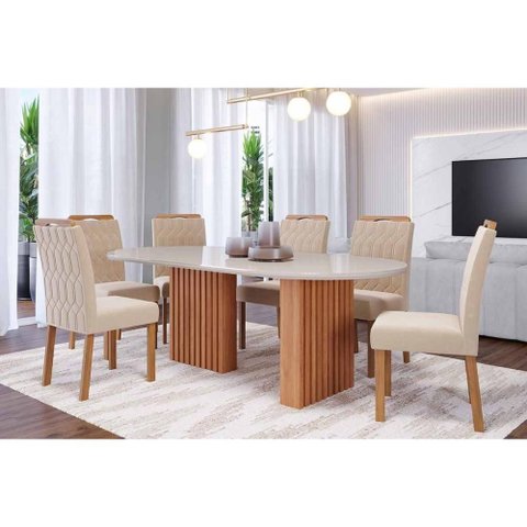 Sala de Jantar Completa Ester Tampo Madeirado Oval C/ Vidro 210x100cm e 6 Cadeiras Paola Cinamomo/
