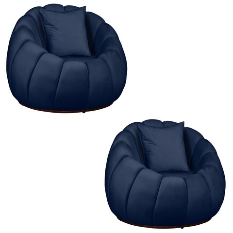 Kit 02 Poltronas Concha Almofada Base Arco Giratória Veludo Cor:marinho
