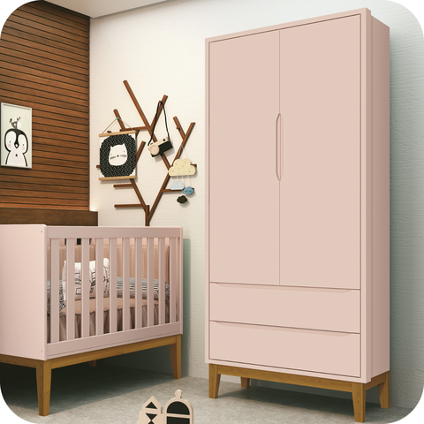 Quarto de Bebê Berço Evolution + Guarda Roupa 2 Portas Classic Rosa Fosco Madeira