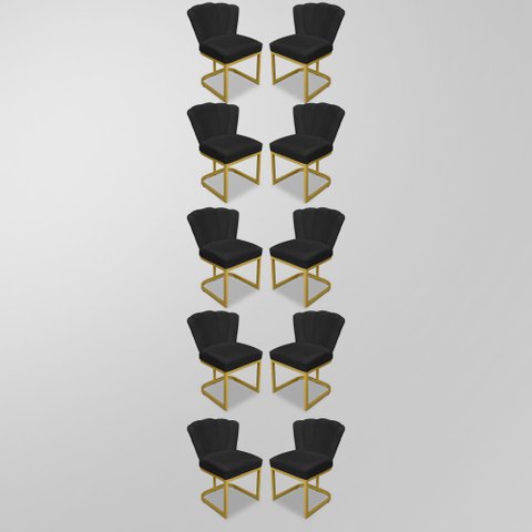 Kit 10 Cadeiras Modernas/sala Flor - Base Ferro Dourado - Preto