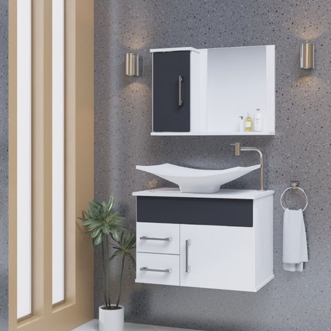 Gabinete Banheiro Turin 50 Cm Armário com Espelheira e Cuba:titanium